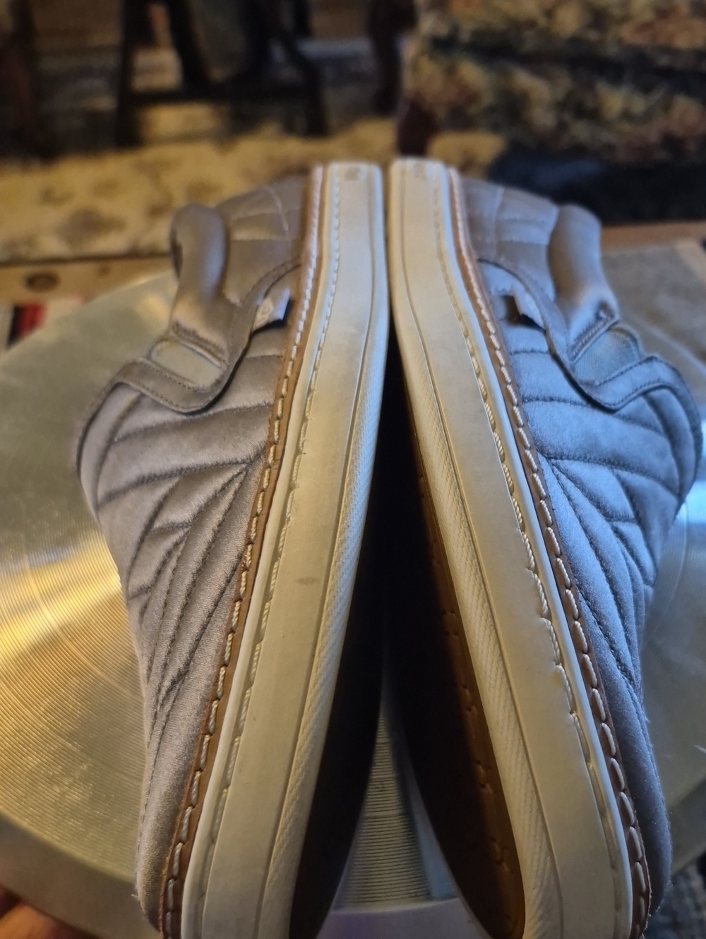 UGG "Soleda": Satin quilted slip-on sneakers. , Silver Grey color.EC(#1856S) - Picture 13 of 16